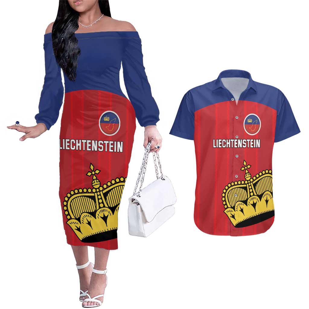 Custom Liechtenstein Football Couples Matching Off The Shoulder Long Sleeve Dress and Hawaiian Shirt Come On The Blue-Reds