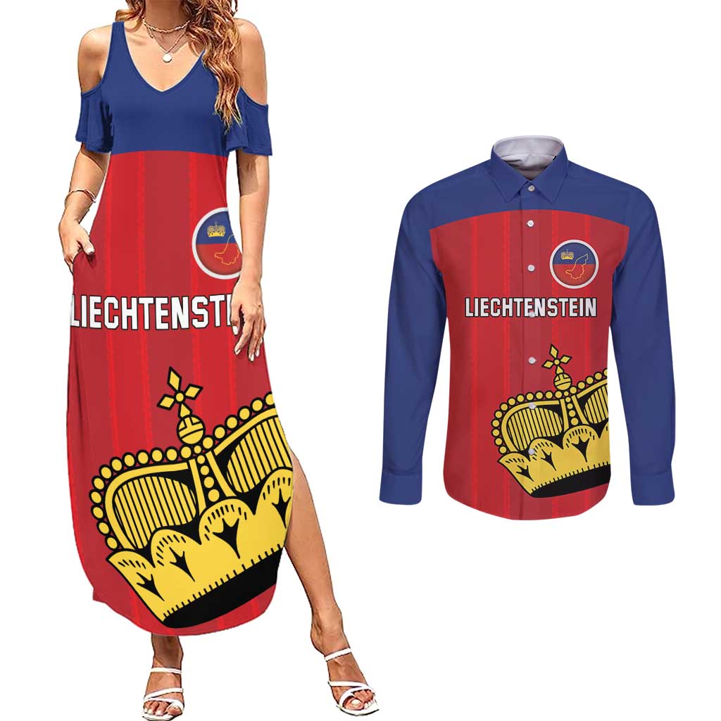 Custom Liechtenstein Football Couples Matching Summer Maxi Dress and Long Sleeve Button Shirt Come On The Blue-Reds