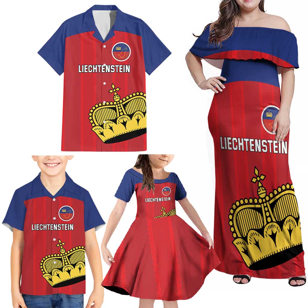 Custom Liechtenstein Football Family Matching Off Shoulder Maxi Dress and Hawaiian Shirt Come On The Blue-Reds