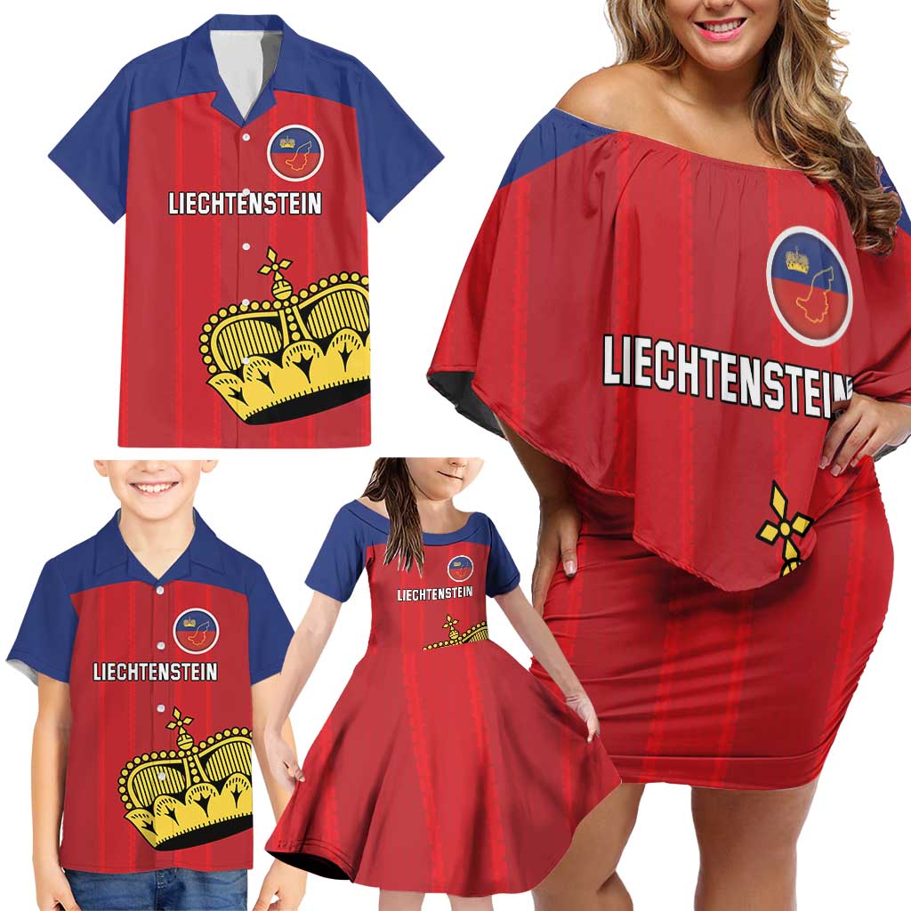 Custom Liechtenstein Football Family Matching Off Shoulder Short Dress and Hawaiian Shirt Come On The Blue-Reds