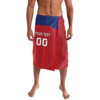 Custom football lavalava, red with blue waistband, front print and number, calf-length