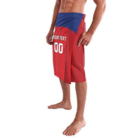 Custom football lavalava, red with blue yoke, side print and number, calf-length