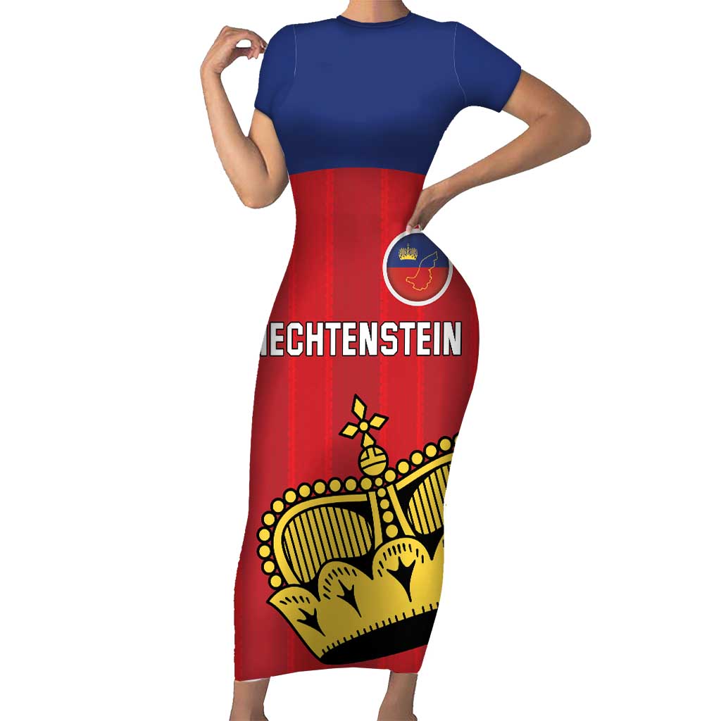 Custom Liechtenstein Football Short Sleeve Bodycon Dress Come On The Blue-Reds