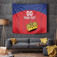 Custom Liechtenstein football tapestry, blue and red flag with crown crest and 'YOUR TEXT'.