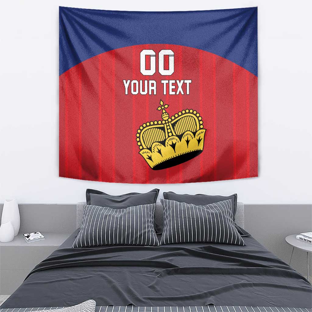 Custom Liechtenstein football tapestry with crown logo and 'YOUR TEXT' on blue-red striped background.