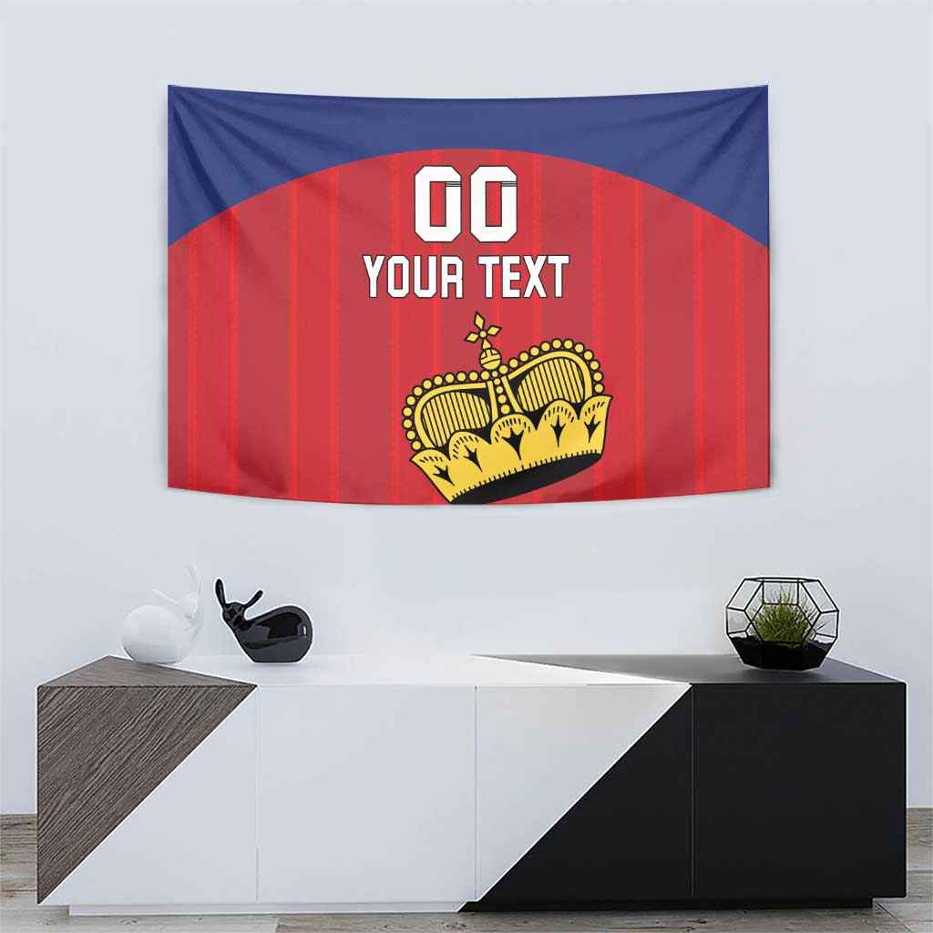 Custom Liechtenstein football tapestry, centered crown crest and 'YOUR TEXT' on striped blue-red fabric.