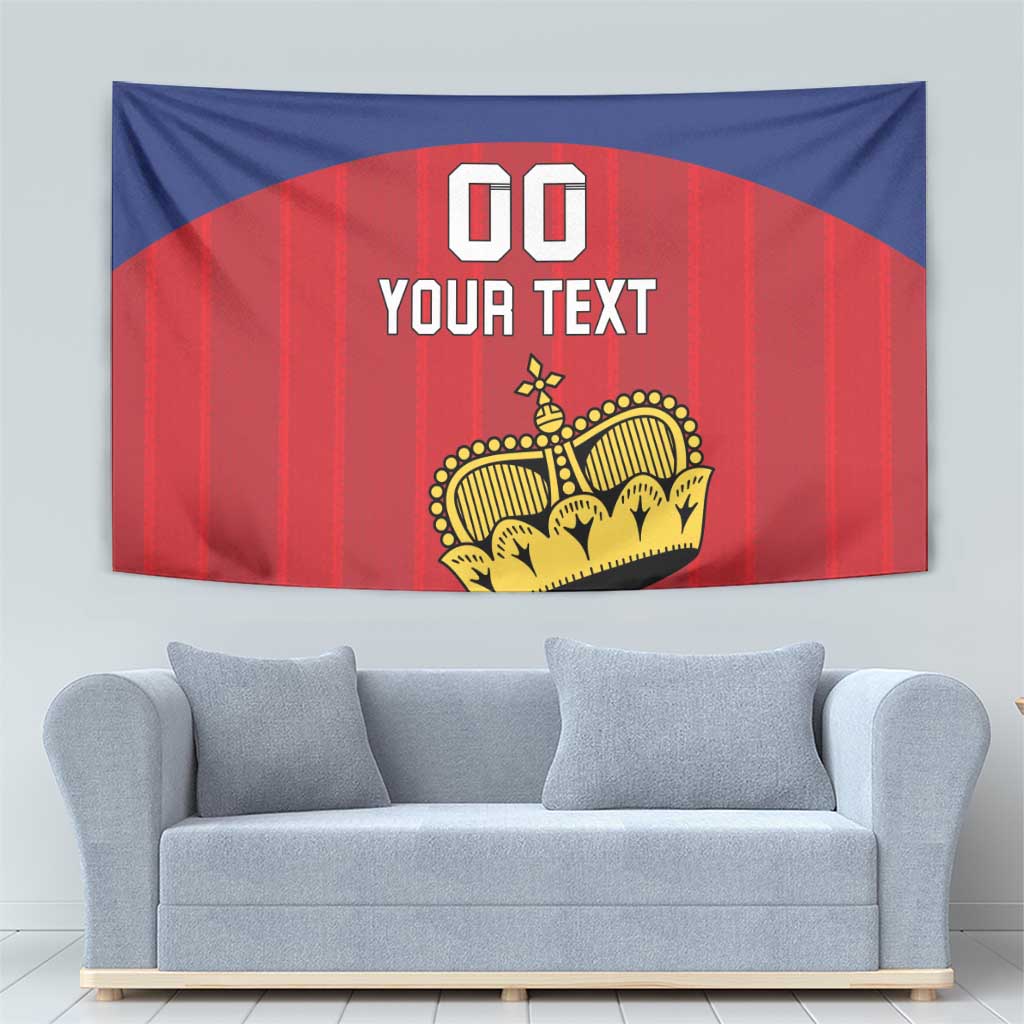 Custom Liechtenstein football tapestry showing striped blue-red design with crown crest and 'YOUR TEXT'.