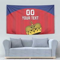 Custom Liechtenstein football tapestry showing striped blue-red design with crown crest and 'YOUR TEXT'.