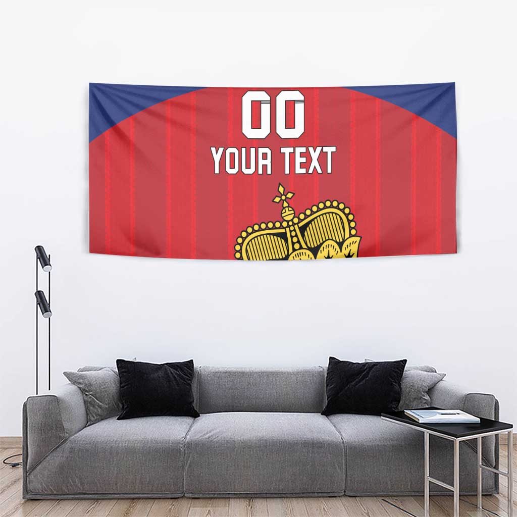 Custom Liechtenstein football tapestry with crown emblem, 'YOUR TEXT' over blue-red stripes.