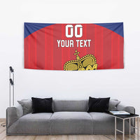 Custom Liechtenstein football tapestry with crown emblem, 'YOUR TEXT' over blue-red stripes.