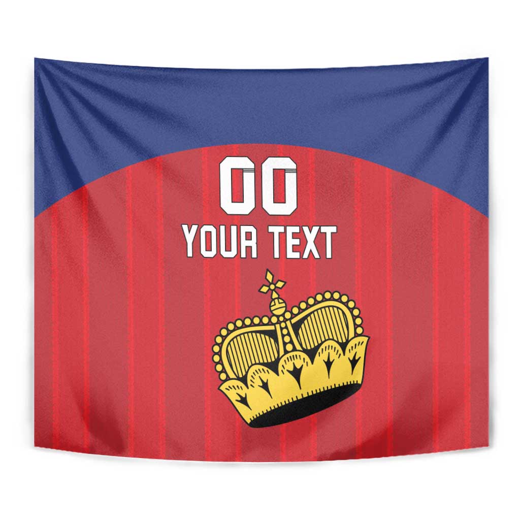 Custom Liechtenstein football tapestry close-up: blue-red stripes with crown crest and 'YOUR TEXT'.