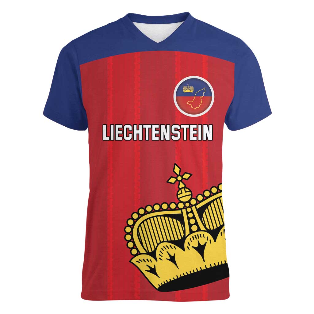 Custom Liechtenstein Football Women V-Neck T-Shirt Come On The Blue-Reds