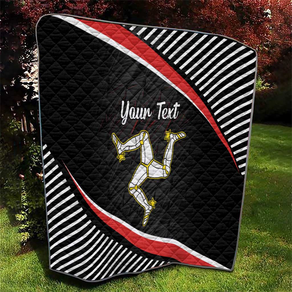 Personalized black quilt, red diagonal stripe, black-and-white striped edge, rider emblem