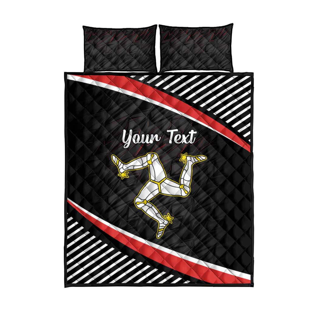 Black quilt bed set with two pillows, diagonal red stripe, 'Your Text' and runner graphic