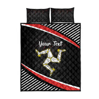Black quilt bed set with two pillows, diagonal red stripe, 'Your Text' and runner graphic