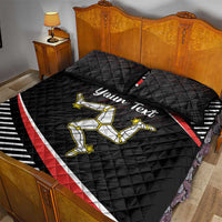Black quilt bed set with two pillows, 'Your Text' title over yellow runner, diagonal stripe