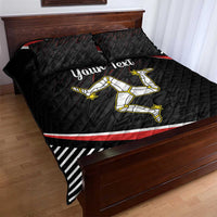 Black quilt bed set with two pillows, diagonal stripe border, 'Your Text' runner graphic