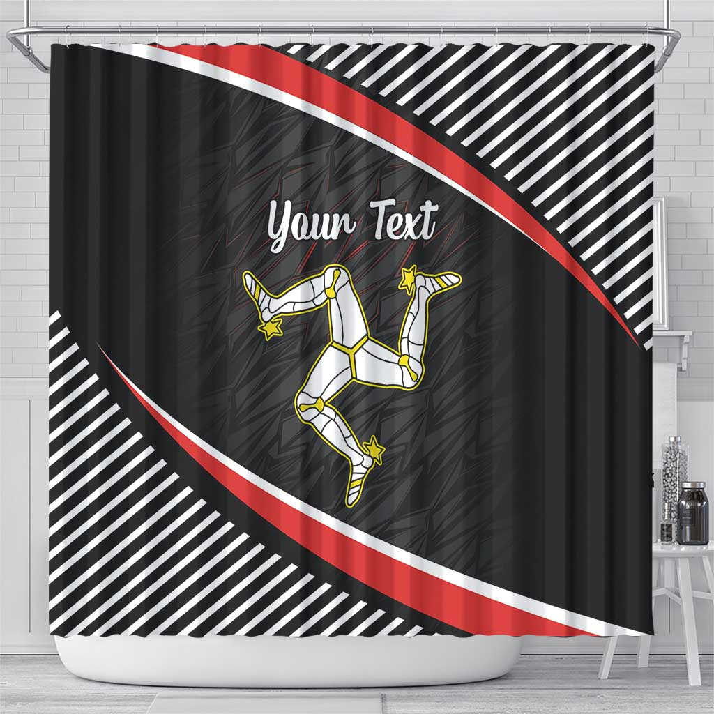 Black shower curtain with red diagonal stripe and yellow runner figures, 'Your Text'.