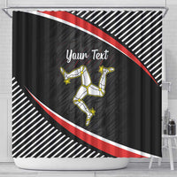 Black shower curtain with red diagonal stripe and yellow runner figures, 'Your Text'.