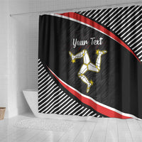 Black shower curtain in corner view with red diagonal stripe, runner graphic, and 'Your Text'.