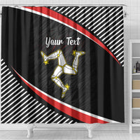 Black shower curtain with red diagonal stripe and centered 'Your Text' above runner icons.