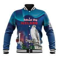 Blue baseball jacket with ribbed collar and cuffs, front zipper, bird and floral graphic