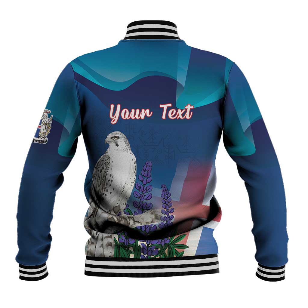 Blue baseball jacket back view with striped collar, “Your Text” and bird floral print