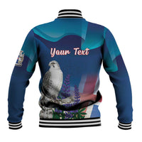 Blue baseball jacket back view with striped collar, “Your Text” and bird floral print