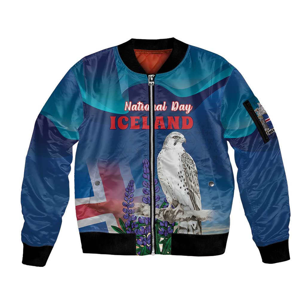 Personalized Iceland National Day Sleeve Zip Bomber Jacket Gyrfalcon With Lupine Flower