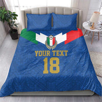 Blue football bedding set on bed with Italy crest, 'YOUR TEXT', and number 18