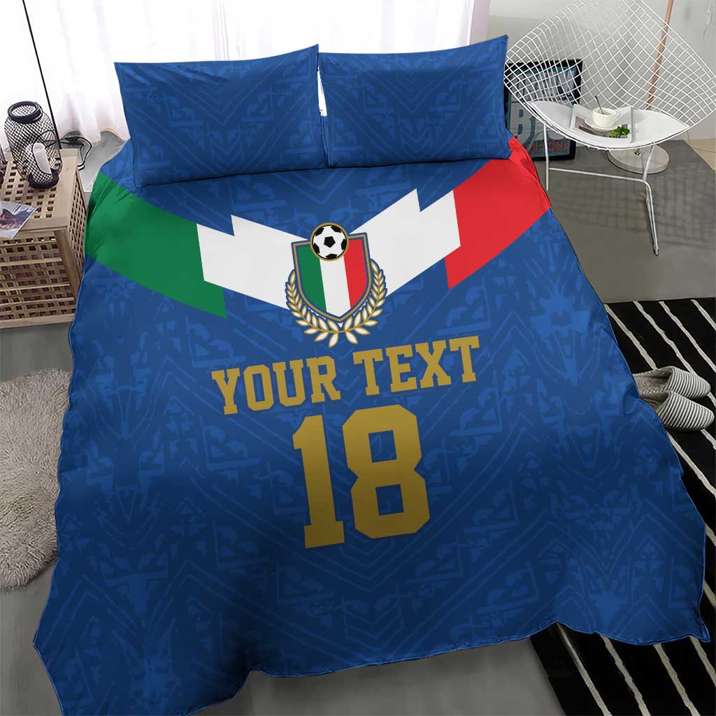 Blue football duvet and pillowcases featuring Italy crest, 'YOUR TEXT', number 18
