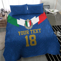 Blue football duvet and pillowcases featuring Italy crest, 'YOUR TEXT', number 18