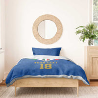 Blue football bedding set on light wood bed with Italy crest, 'YOUR TEXT', number 18