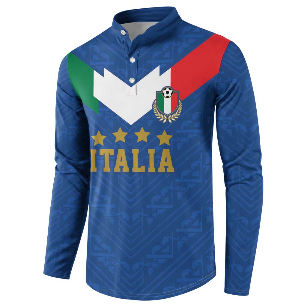 Blue Italy football button henley sweatshirt with crest and ITALIA print, long sleeves