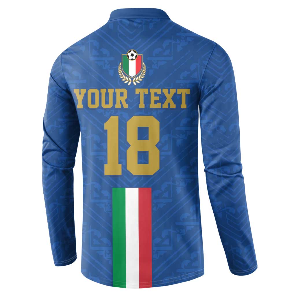 Blue Italy football jersey sweatshirt back: YOUR TEXT 18 with crest and flag stripe