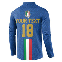 Blue Italy football jersey sweatshirt back: YOUR TEXT 18 with crest and flag stripe