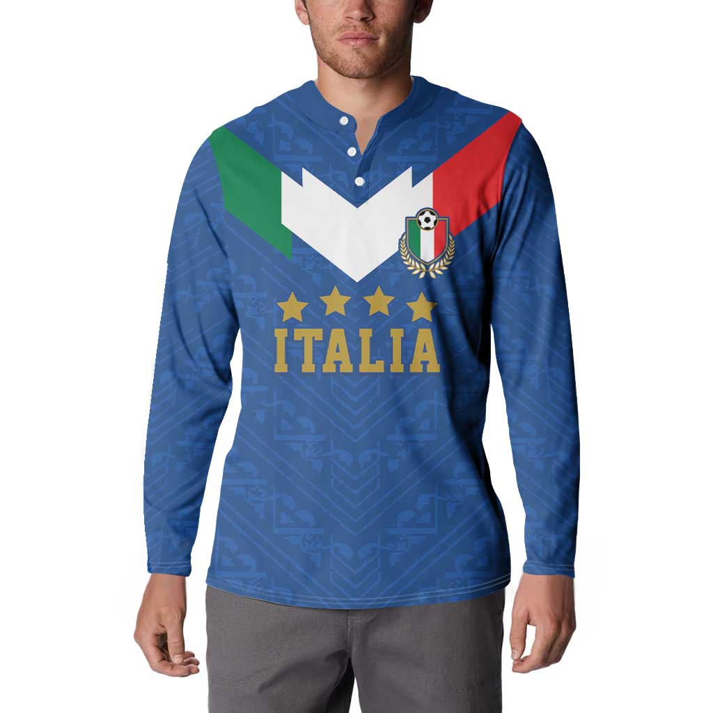 Blue Italy football button henley sweatshirt worn by model, crest and ITALIA print