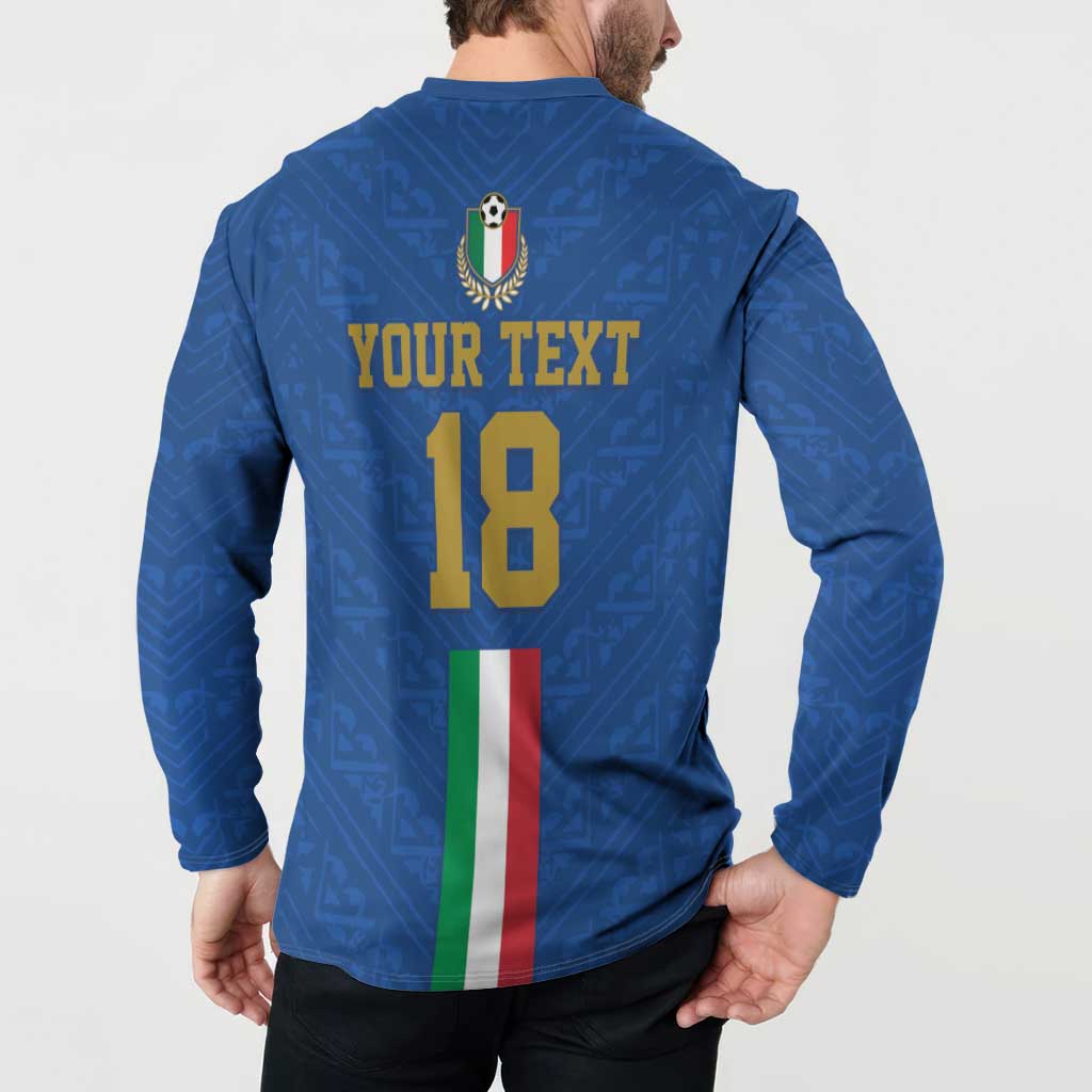 Blue Italy football jersey sweatshirt back worn by model, YOUR TEXT 18 and flag stripe
