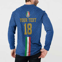 Blue Italy football jersey sweatshirt back worn by model, YOUR TEXT 18 and flag stripe