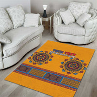 Yellow area rug with blue medallion accents and personalized Haiti text