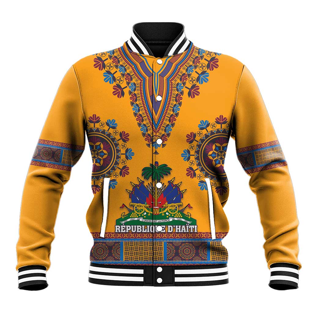 Yellow dashiki baseball jacket with ribbed collar/cuffs and front 'REPUBLIQUE D'HAITI' print