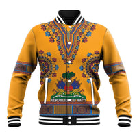 Yellow dashiki baseball jacket with ribbed collar/cuffs and front 'REPUBLIQUE D'HAITI' print