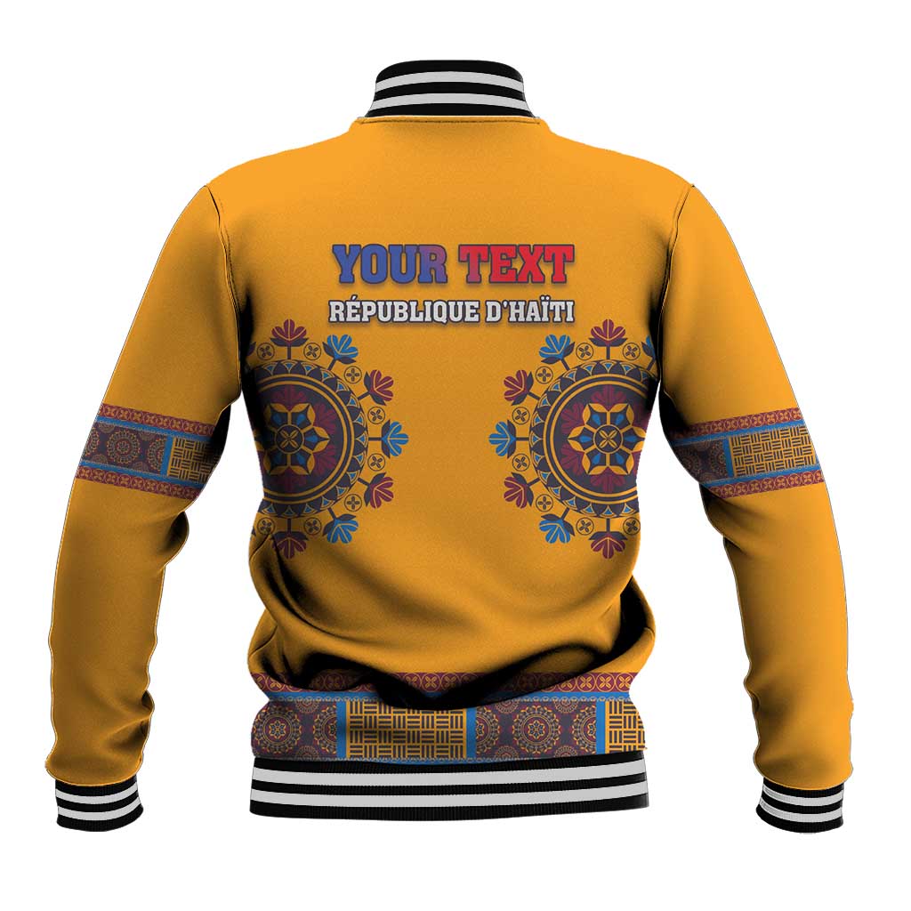 Yellow dashiki baseball jacket with ribbed collar/cuffs; back 'YOUR TEXT' and 'REPUBLIQUE D'HAITI'