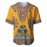 Yellow dashiki baseball jersey with blue V-neck placket and decorative crest