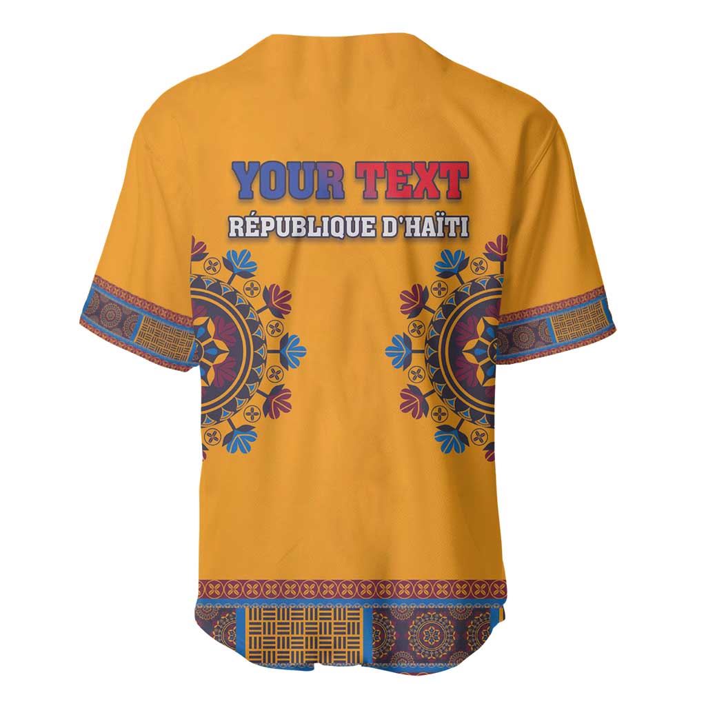 Yellow dashiki baseball jersey back with 'YOUR TEXT' and 'REPUBLIQUE D'HAITI'
