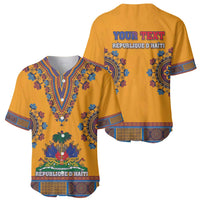 Yellow dashiki baseball jersey front and back with blue patterns and 'YOUR TEXT'