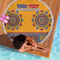 Yellow round beach blanket with white fringe; 'YOUR TEXT' and 'REPUBLIQUE D'HAITI' print