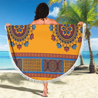 Yellow round beach blanket with white fringe, held outdoors; 'YOUR TEXT' Haiti print