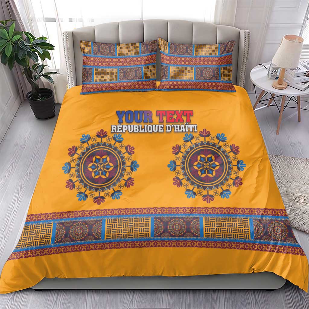 Yellow dashiki bedding set with blue medallions, geometric border, and two matching pillows