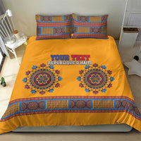 Yellow bedding set with blue medallion print and ornate geometric stripe border, two pillows